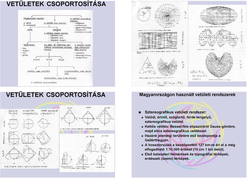 Kettős vetítés: Bessel-féle elipszoidról Gauss-gömbre, majd síkra sztereografikus vetítéssel.