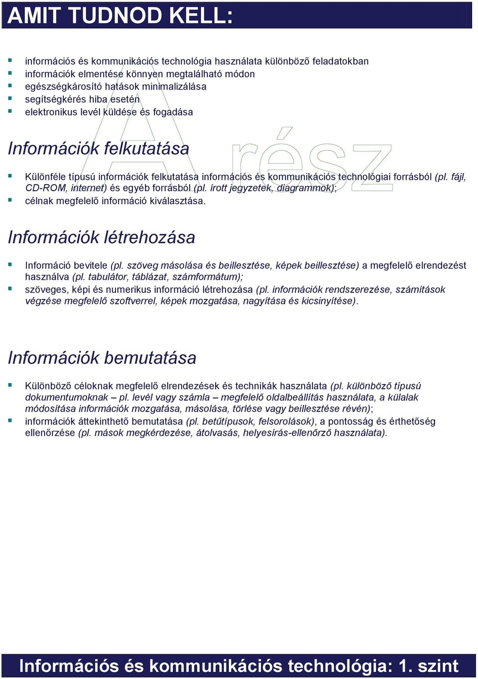 fájl, CD-ROM, internet) és egyéb forrásból (pl. írott jegyzetek, diagrammok); célnak megfelelő információ kiválasztása. Információk létrehozása Információ bevitele (pl.