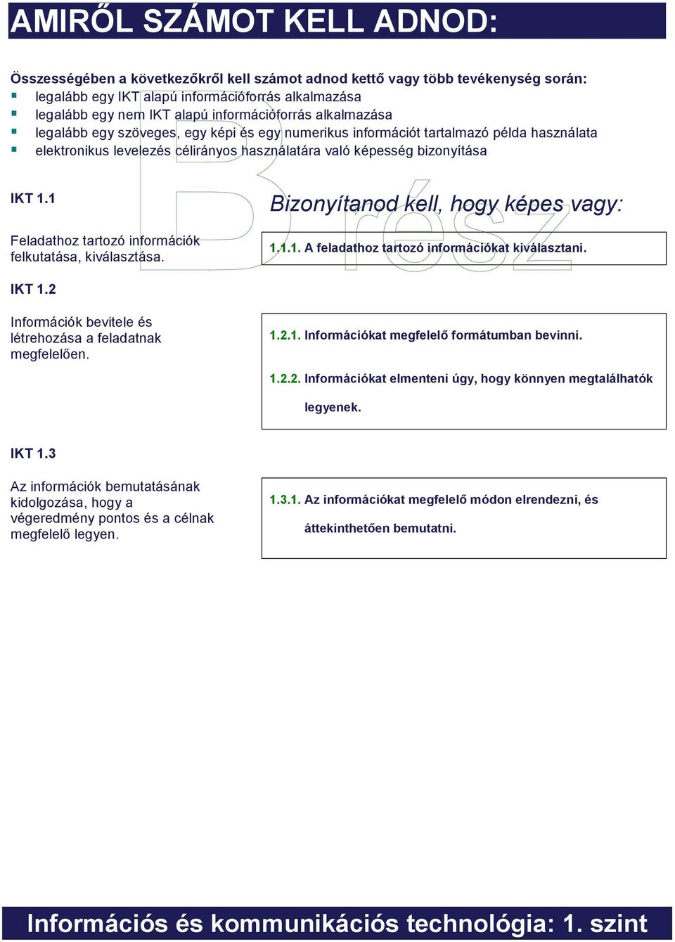 1 Feladathoz tartozó információk felkutatása, kiválasztása. Bizonyítanod kell, hogy képes vagy: 1.1.1. A feladathoz tartozó információkat kiválasztani. IKT 1.