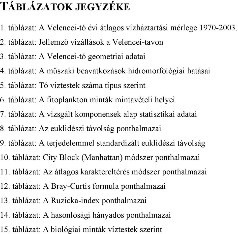 táblázat: A vizsgált komponensek alap statisztikai adatai 8. táblázat: Az euklidészi távolság ponthalmazai 9. táblázat: A terjedelemmel standardizált euklidészi távolság 10.