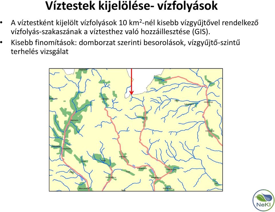 vízfolyás-szakaszának a víztesthez való hozzáillesztése (GIS).