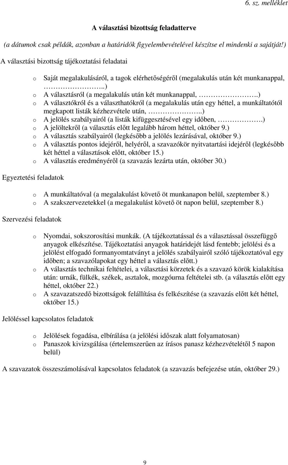 ) o A választókról és a választhatókról (a megalakulás után egy héttel, a munkáltatótól megkapott listák kézhezvétele után,..) o A jelölés szabályairól (a listák kifüggesztésével egy időben,.