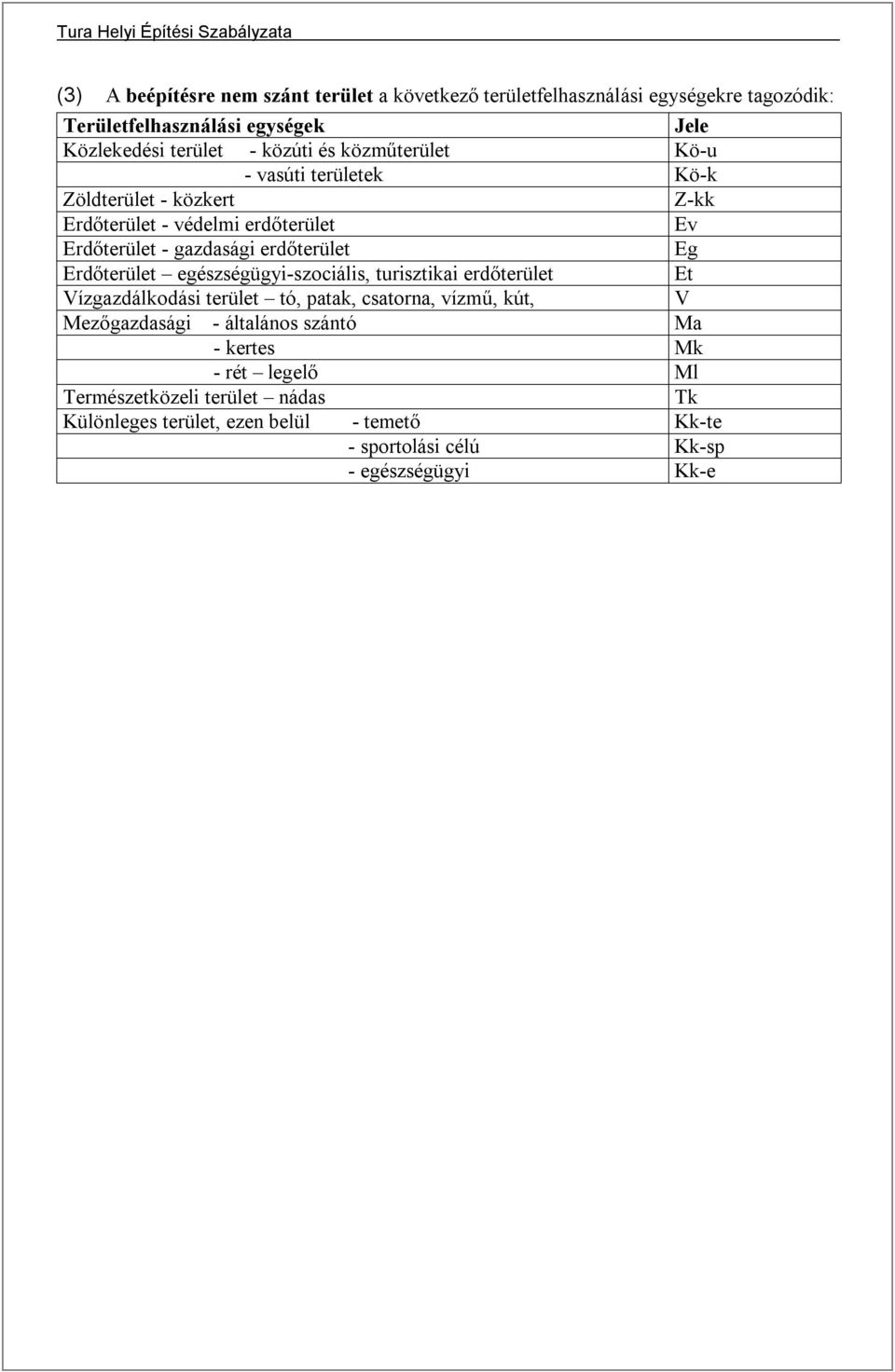 Eg Erdőterület egészségügyi-szociális, turisztikai erdőterület Et Vízgazdálkodási terület tó, patak, csatorna, vízmű, kút, V Mezőgazdasági - általános