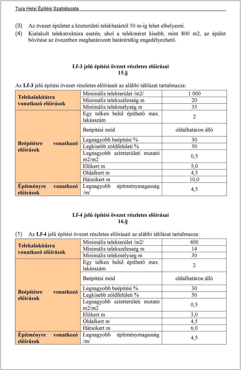 Az Lf-3 jelű építési övezet részletes előírásait az alábbi táblázat tartalmazza: Telekalakításra vonatkozó Beépítésre Építményre vonatkozó vonatkozó Minimális telekterület /m2/ 1 000 Minimális