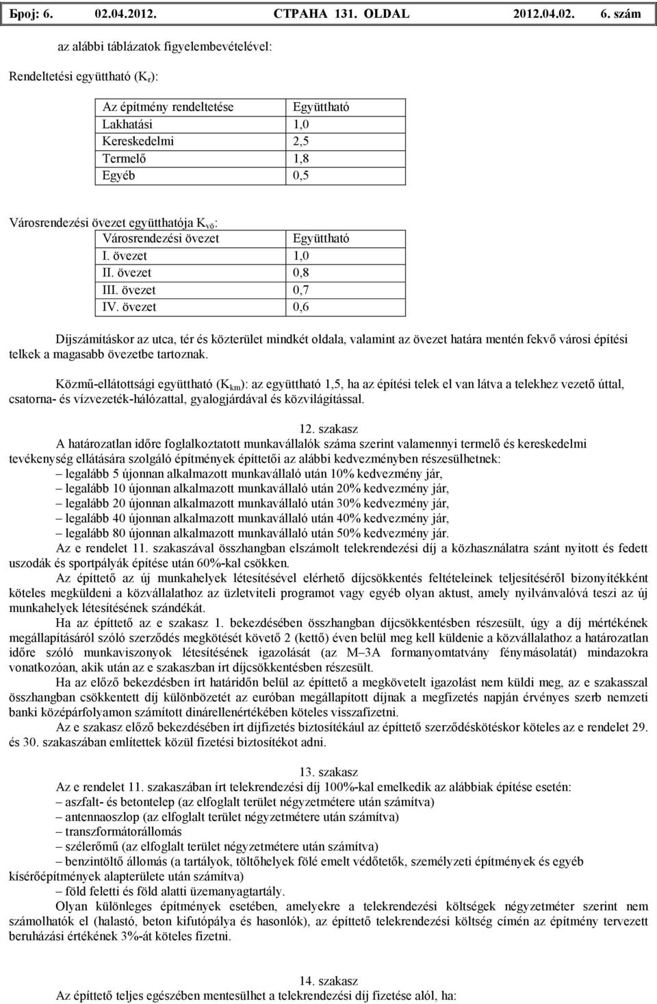 szám az alábbi táblázatok figyelembevételével: Rendeltetési együttható (K r ): Az építmény rendeltetése Együttható Lakhatási 1,0 Kereskedelmi 2,5 Termelı 1,8 Egyéb 0,5 Városrendezési övezet