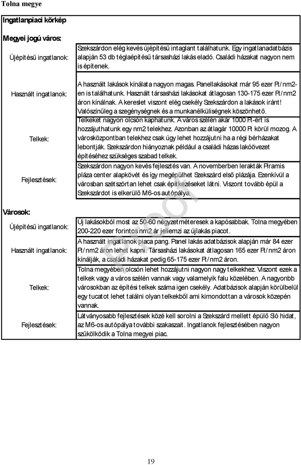 A használt lakások kínálata nagyon magas. Panellakásokat már 95 ezer Ft/nm2- en is találhatunk. Használt társasházi lakásokat átlagosan 130-175 ezer Ft/nm2 áron kínálnak.