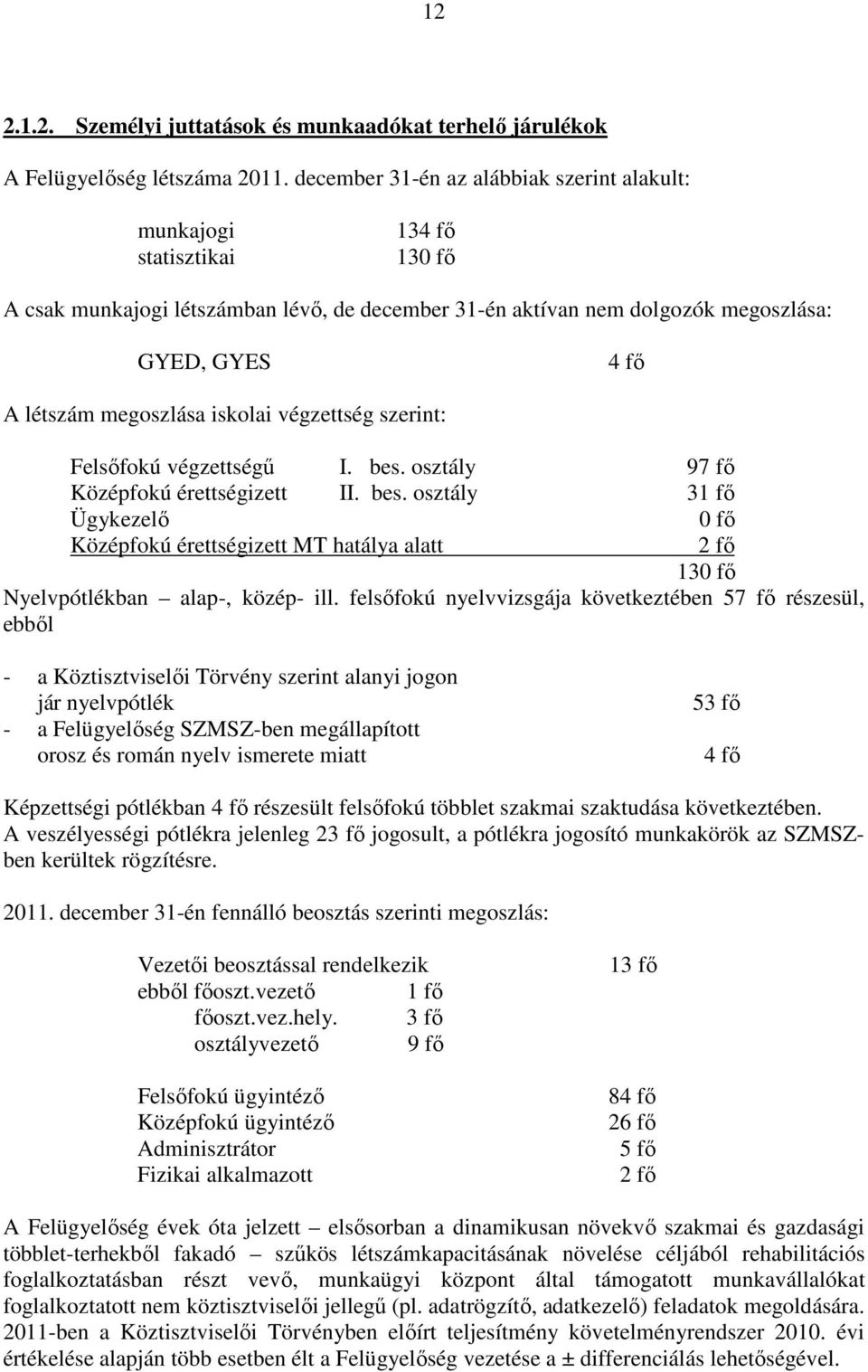 megoszlása iskolai végzettség szerint: Felsőfokú végzettségű I. bes. osztály 97 fő Középfokú érettségizett II. bes. osztály 31 fő Ügykezelő 0 fő Középfokú érettségizett MT hatálya alatt 2 fő 130 fő Nyelvpótlékban alap-, közép- ill.