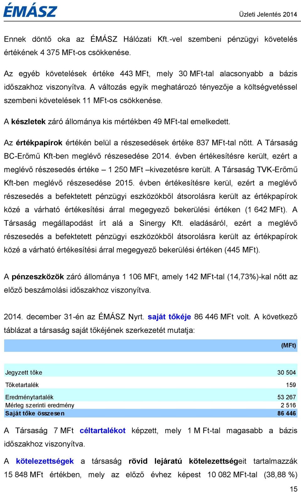 A készletek záró állománya kis mértékben 49 MFt-tal emelkedett. Az értékpapírok értékén belül a részesedések értéke 837 MFt-tal nőtt. A Társaság BC-Erőmű Kft-ben meglévő részesedése 2014.