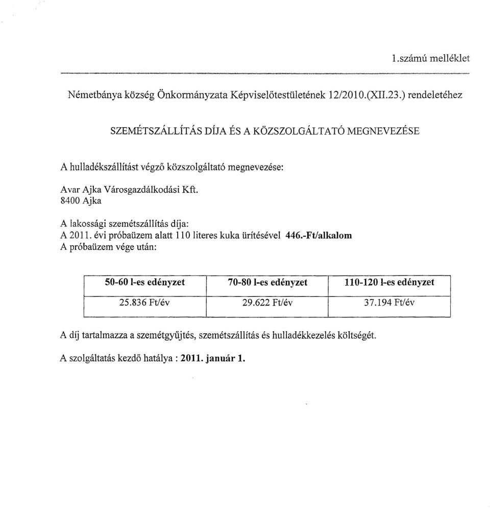 8400 Ajka Kft. A lakossági szemétszállítás díja: A 2011. évi próbaüzem alatt 110 literes kuka ürítésévei A próbaüzem vége után: 446.