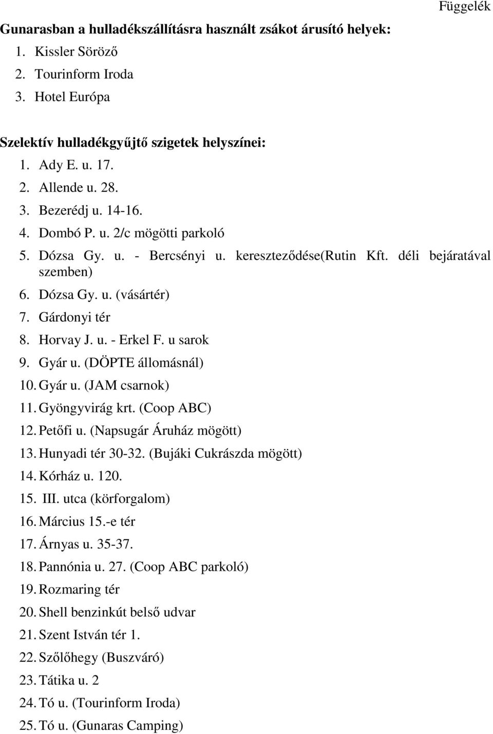 u. - Erkel F. u sarok 9. Gyár u. (DÖPTE állomásnál) 10. Gyár u. (JAM csarnok) 11. Gyöngyvirág krt. (Coop ABC) 12. Petőfi u. (Napsugár Áruház mögött) 13. Hunyadi tér 30-32.