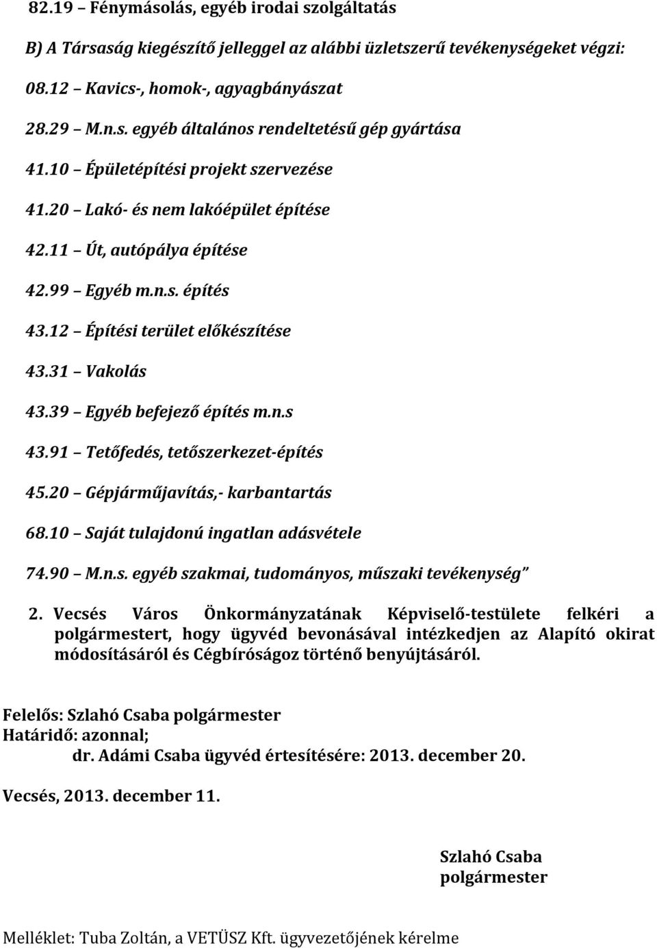 39 Egyéb befejező építés m.n.s 43.91 Tetőfedés, tetőszerkezet-építés 45.20 Gépjárműjavítás,- karbantartás 68.10 Saját tulajdonú ingatlan adásvétele 74.90 M.n.s. egyéb szakmai, tudományos, műszaki tevékenység 2.