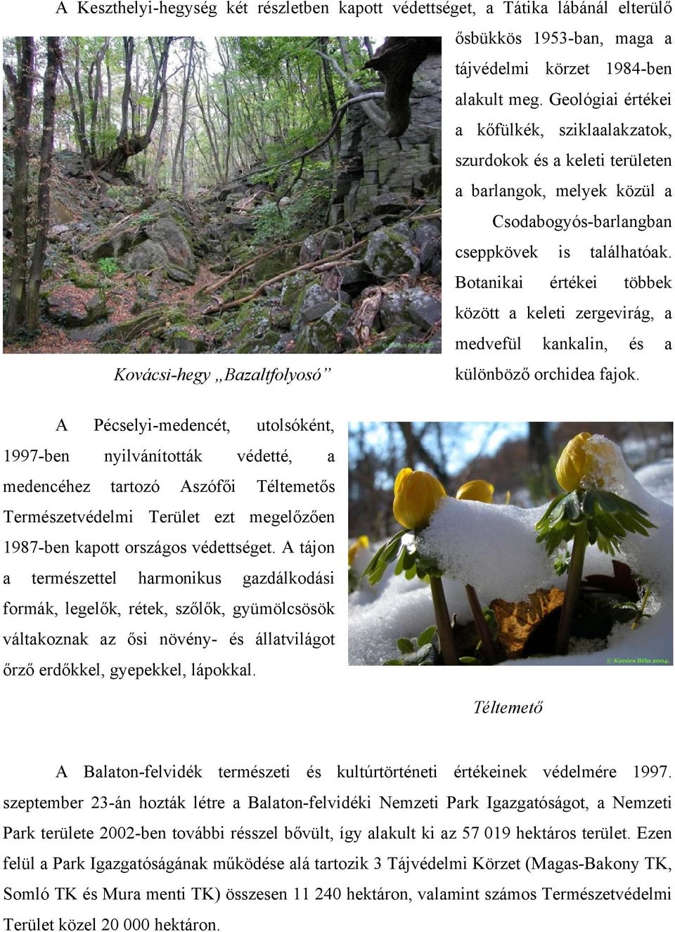 Botanikai értékei többek között a keleti zergevirág, a medvefül kankalin, és a Kovácsi-hegy Bazaltfolyosó különböző orchidea fajok.