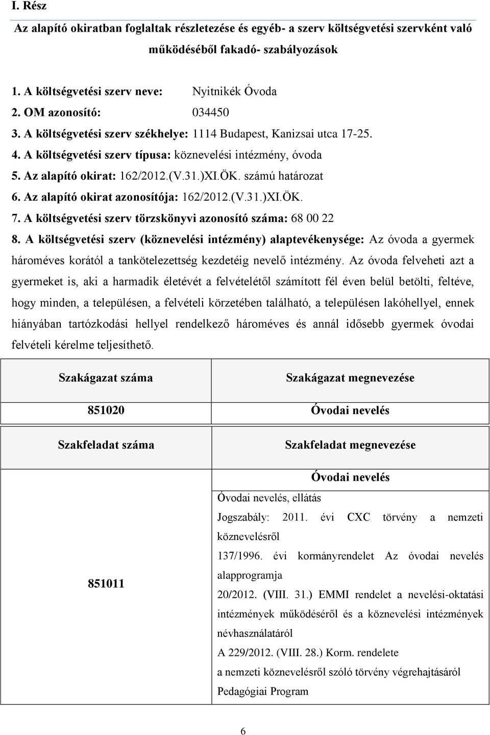 számú határozat 6. Az alapító okirat azonosítója: 162/2012.(V.31.)XI.ÖK. 7. A költségvetési szerv törzskönyvi azonosító száma: 68 00 22 8.