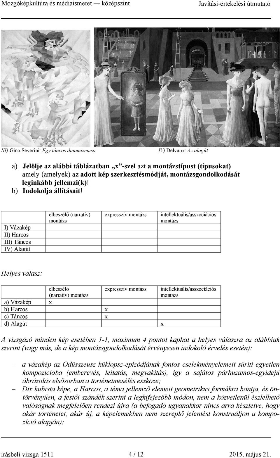 I) Vázakép II) Harcos III) Táncos IV) Alagút elbeszélő (narratív) montázs expresszív montázs intellektuális/asszociációs montázs elbeszélő (narratív) montázs expresszív montázs