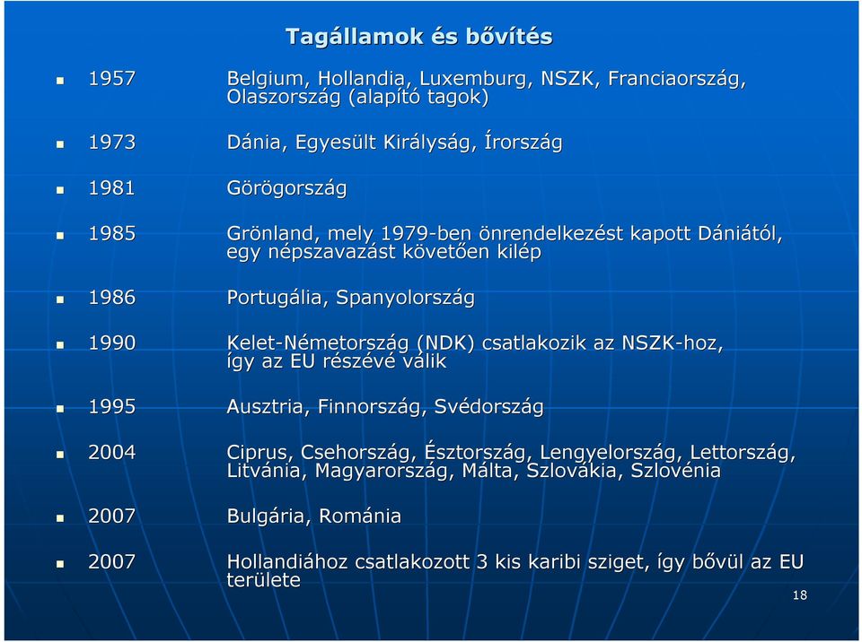 csatlakozik az NSZK-hoz, így az EU részr szévé válik 1995 Ausztria, Finnország, Svédorsz dország 2004 Ciprus, Csehország, Észtország, Lengyelország, g, Lettország,