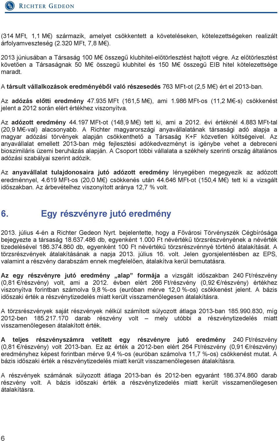 A társult vállalkozások eredményéből való részesedés 763 MFt-ot (2,5 M ) ért el 2013-ban. Az adózás előtti eredmény 47.935 MFt (161,5 M ), ami 1.