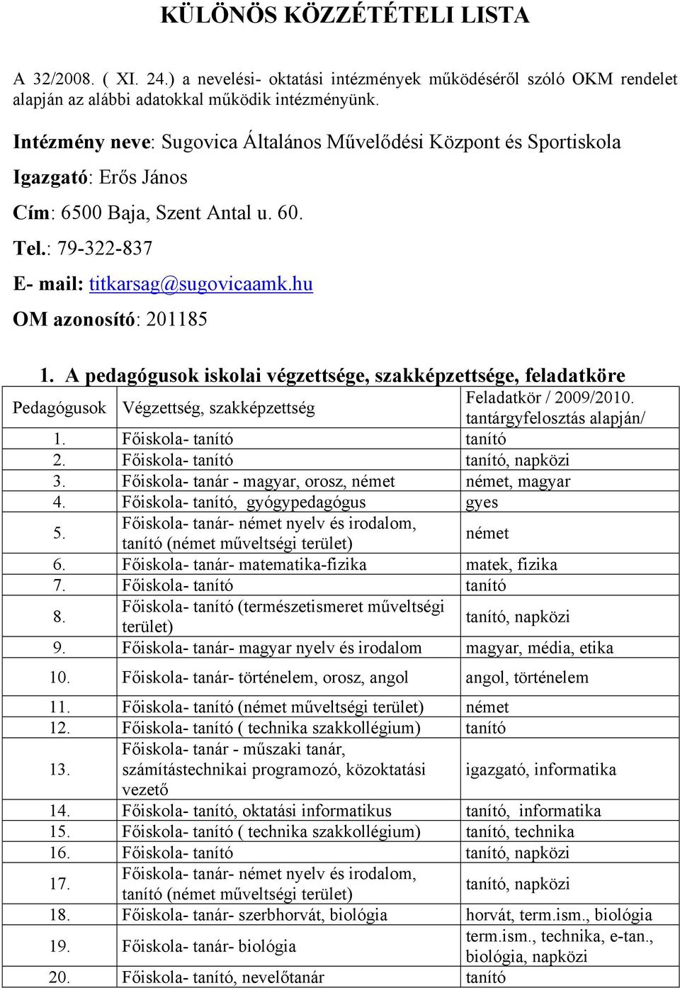 A pedagógusok iskolai végzettsége, szakképzettsége, feladatköre Pedagógusok Végzettség, szakképzettség Feladatkör / 2009/2010. tantárgyfelosztás alapján/ 1. Főiskola- tanító tanító 2.