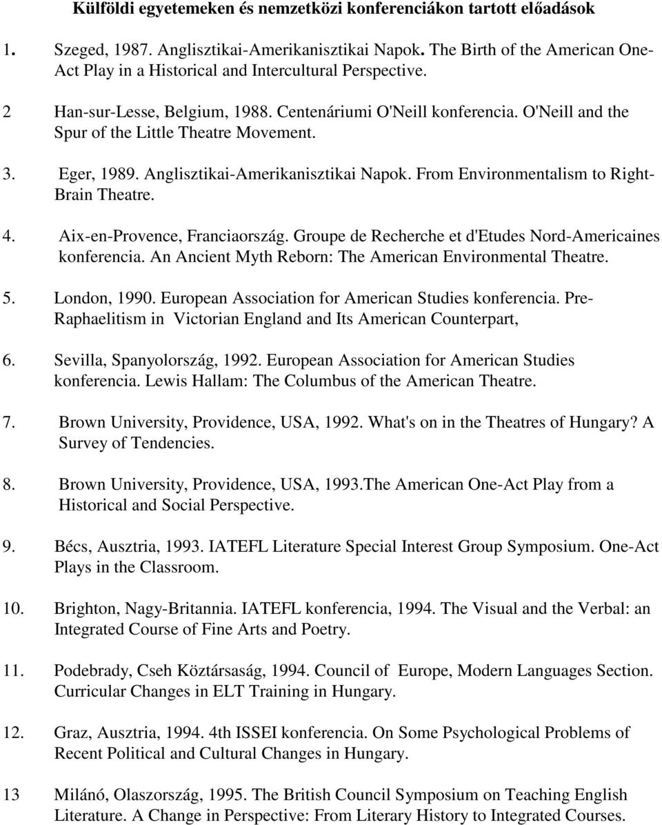 O'Neill and the Spur of the Little Theatre Movement. 3. Eger, 1989. Anglisztikai-Amerikanisztikai Napok. From Environmentalism to Right- Brain Theatre. 4. Aix-en-Provence, Franciaország.