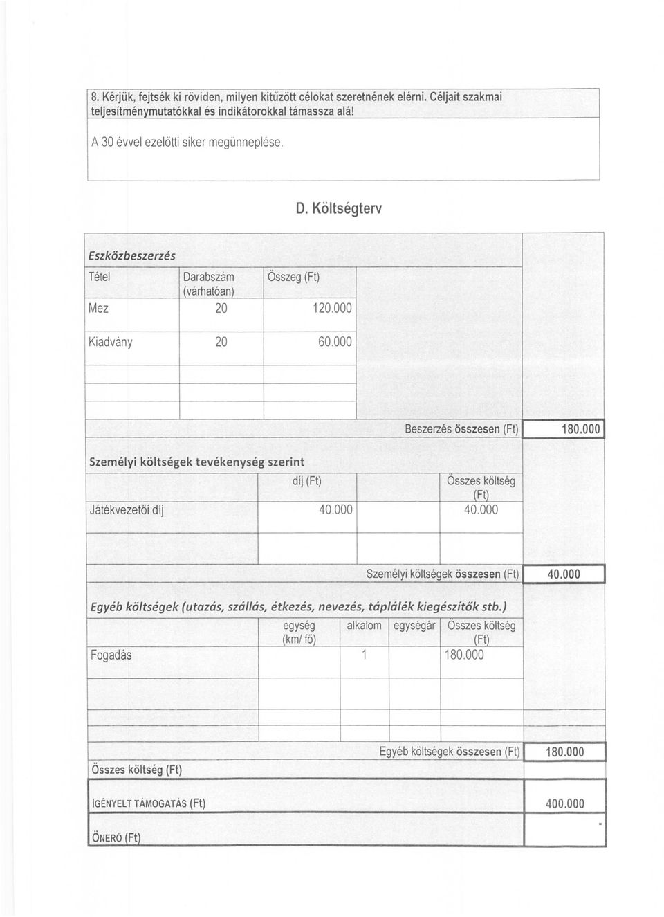 000 Személyi költségek tevékenység szerint Beszerzés összesen (Ft) 180.000 díj (Ft) Osszes költség (Ft) Játékvezetői díj 40.000 40.000 Személyi költségek összesen (Ft) 40.