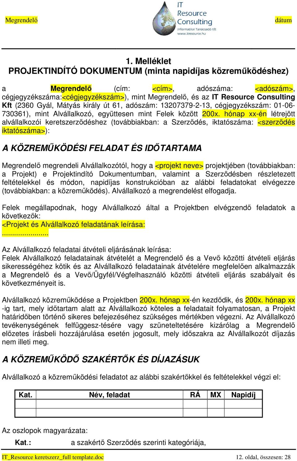 hónap xx-én létrejött alvállalkozói keretszerzıdéshez (továbbiakban: a Szerzıdés, iktatószáma: <szerzıdés iktatószáma>): A KÖZREMŐKÖDÉSI FELADAT ÉS IDİTARTAMA Megrendelı megrendeli Alvállalkozótól,