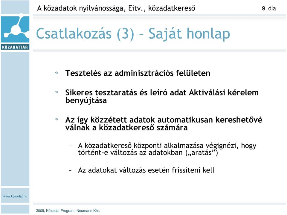 Aktiválási kérelem benyújtása Az így közzétett adatok automatikusan kereshetővé válnak a közadatkereső számára A