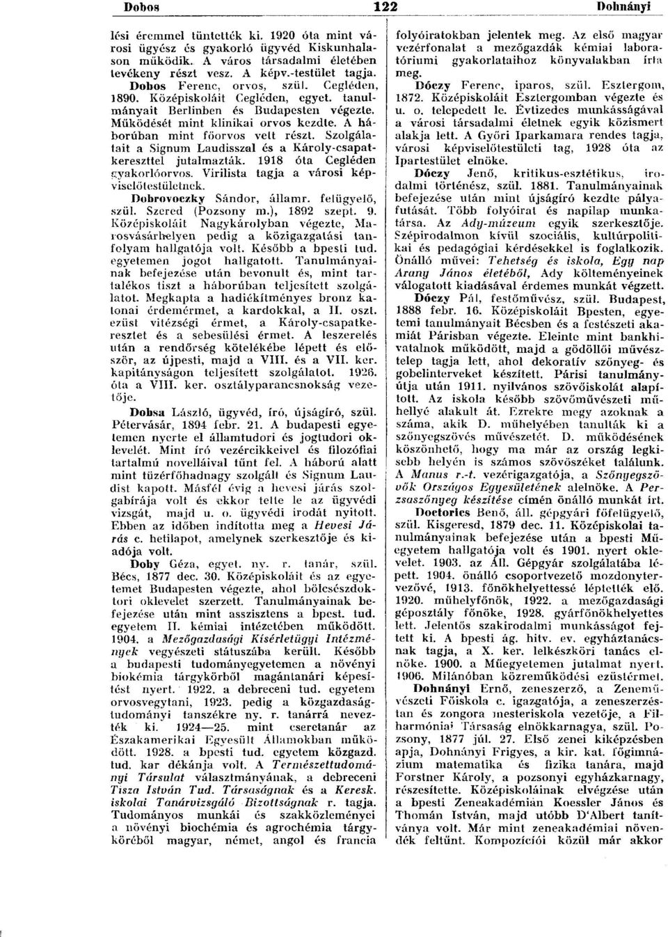 Szolgálatait a Signum Laudisszal és a Károly-csapatkereszttel jutalmazták. 1918 óta Cegléden fíyakorlóorvos. Virilista tagja a városi képviselőtestületnek. Dobrovoczky Sándor, államr. felügyelő, szül.