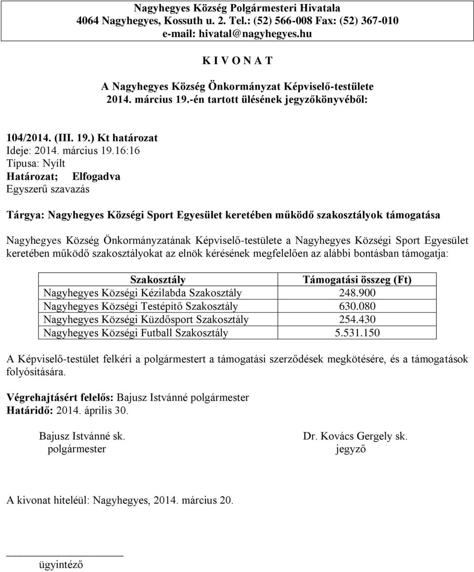 ) Kt határozat Ideje: 16:16 Tárgya: Nagyhegyes Községi Sport Egyesület keretében működő szakosztályok támogatása Nagyhegyes Község Önkormányzatának Képviselő-testülete a Nagyhegyes Községi Sport