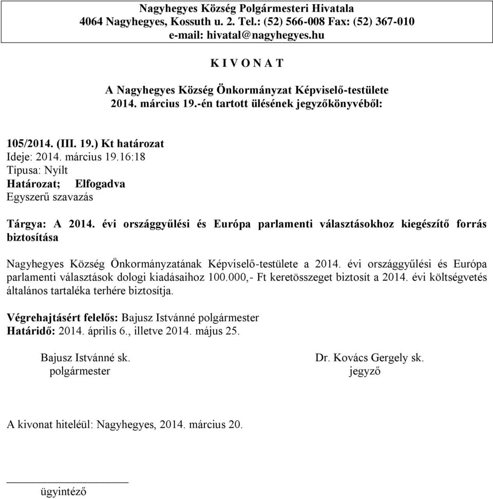 Képviselő-testülete a 2014. évi országgyűlési és Európa parlamenti választások dologi kiadásaihoz 100.