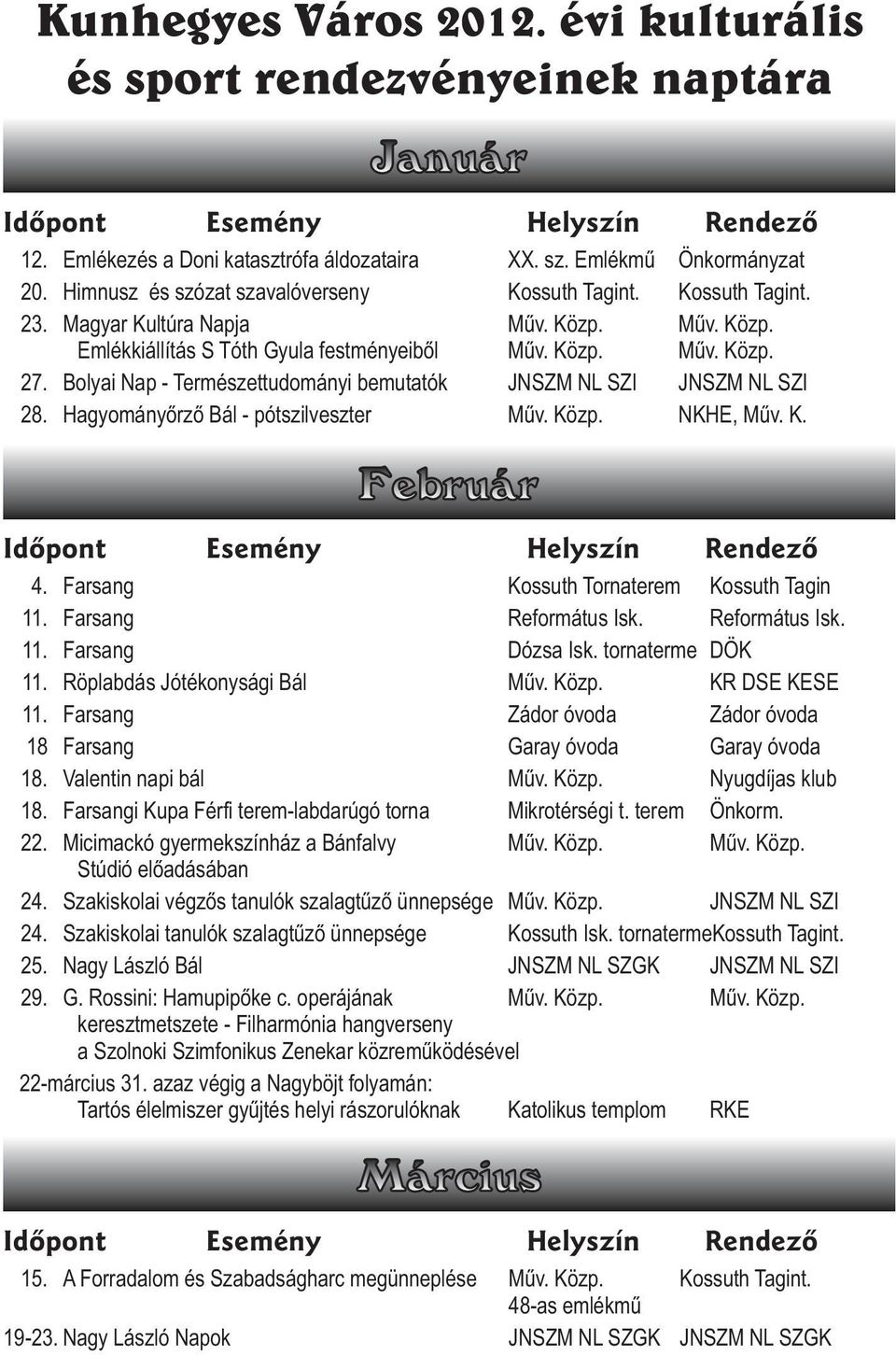 Bolyai Nap - Természettudományi bemutatók JNSZM NL SZI JNSZM NL SZI 28. Hagyományõrzõ Bál - pótszilveszter Mûv. Közp. NKHE, Mûv. K. 4. Farsang Kossuth Tornaterem Kossuth Tagin 11.