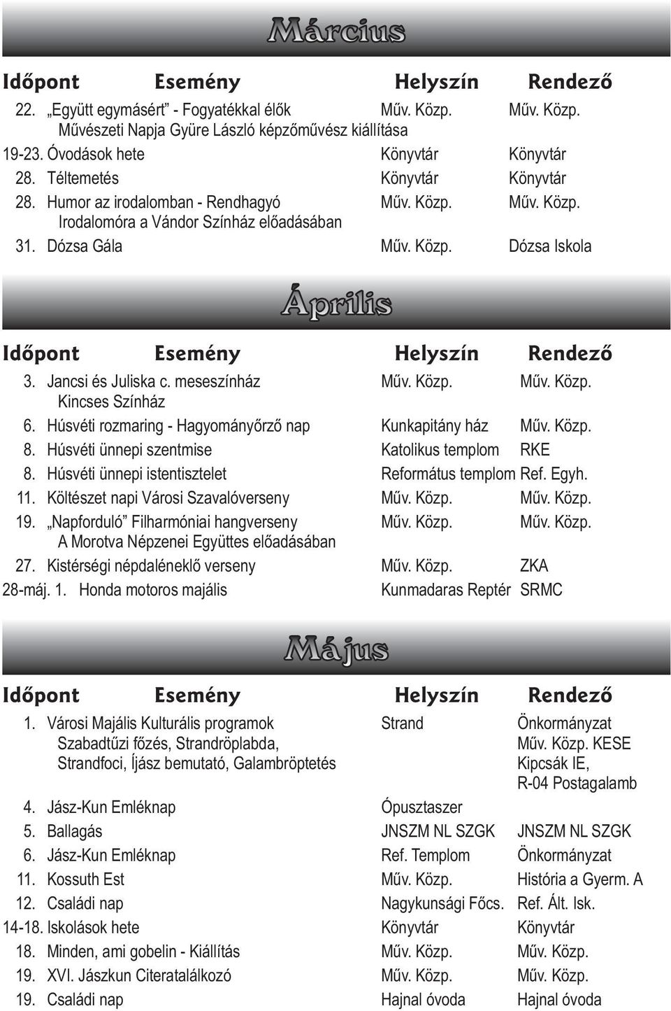 Húsvéti rozmaring - Hagyományõrzõ nap Kunkapitány ház Mûv. Közp. 8. Húsvéti ünnepi szentmise Katolikus templom RKE 8. Húsvéti ünnepi istentisztelet Református templom Ref. Egyh. 11.