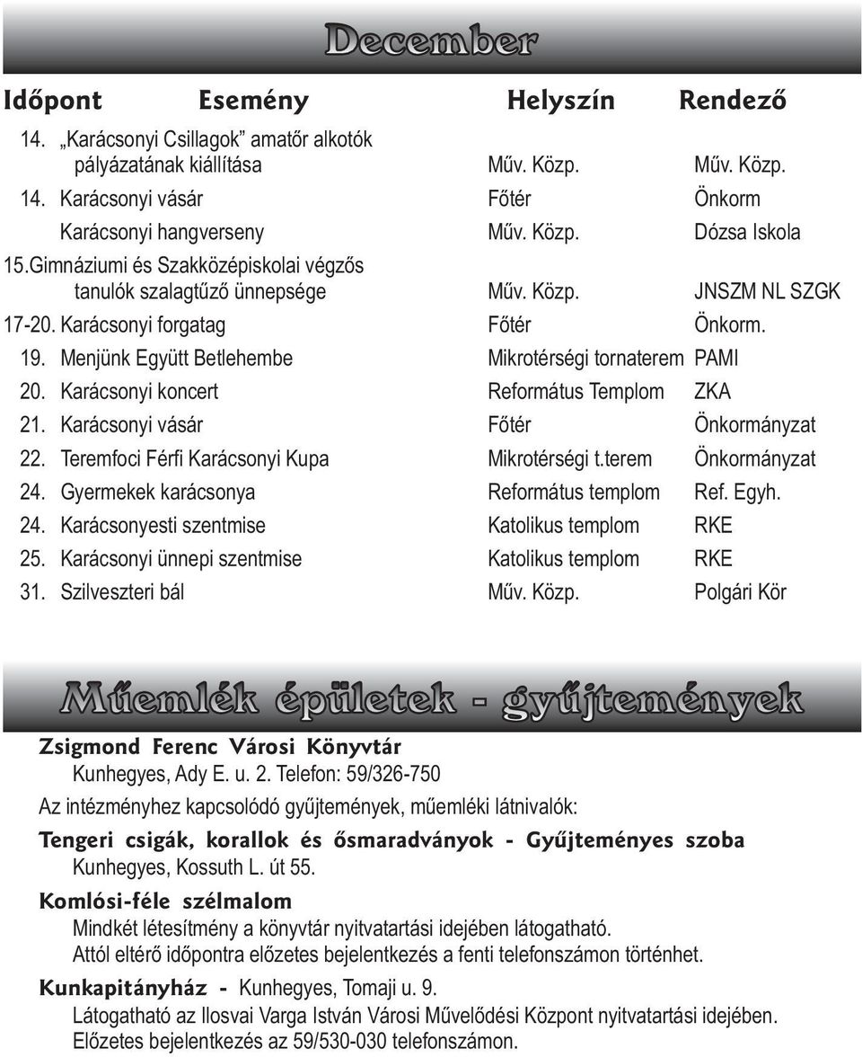 Karácsonyi koncert Református Templom ZKA 21. Karácsonyi vásár Fõtér Önkormányzat 22. Teremfoci Férfi Karácsonyi Kupa Mikrotérségi t.terem Önkormányzat 24. Gyermekek karácsonya Református templom Ref.