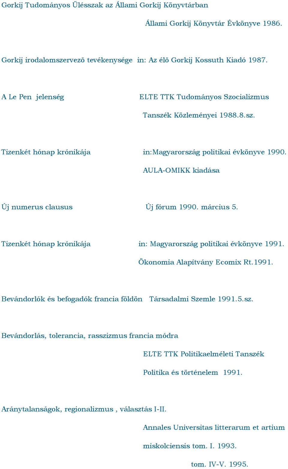 Tizenkét hónap krónikája in: Magyarország politikai évkönyve 1991. Ökonomia Alapítvány Ecomix Rt.1991. Bevándorlók és befogadók francia földön Társadalmi Szemle 1991.5.sz. Bevándorlás, tolerancia, rasszizmus francia módra ELTE TTK Politikaelméleti Tanszék Politika és történelem 1991.