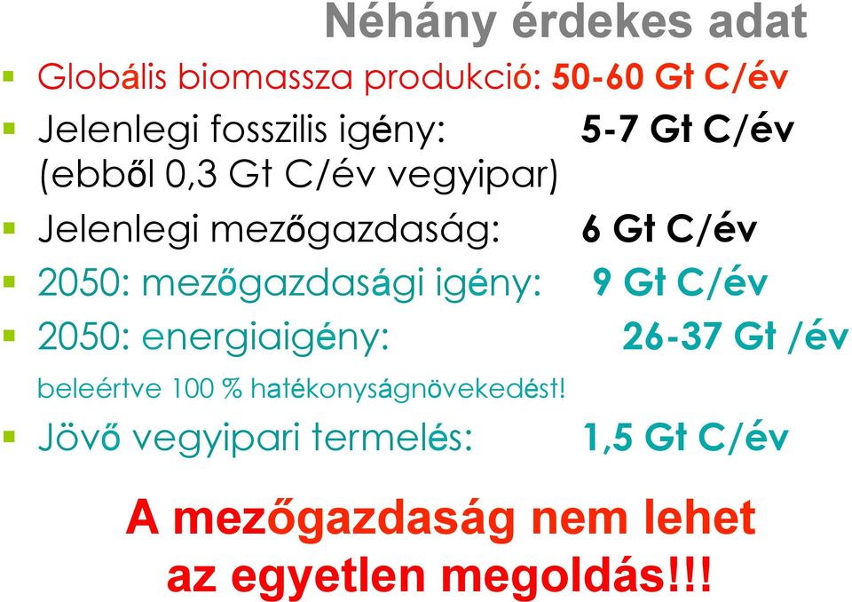 mezőgazdasági igény: 9 Gt C/év 2050: energiaigény: 26-37 Gt /év beleértve 100 %