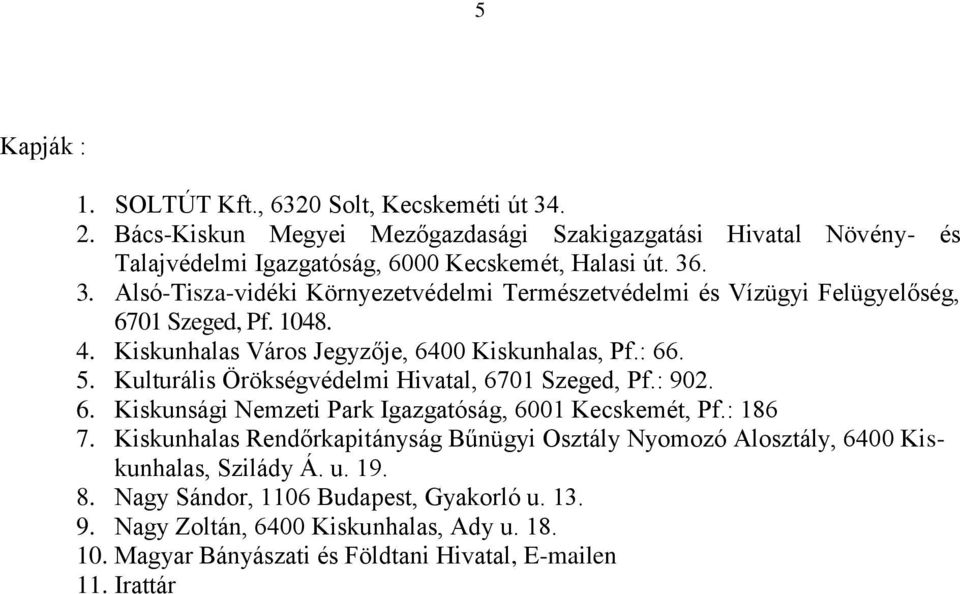 Kulturális Örökségvédelmi Hivatal, 6701 Szeged, Pf.: 902. 6. Kiskunsági Nemzeti Park Igazgatóság, 6001 Kecskemét, Pf.: 186 7.