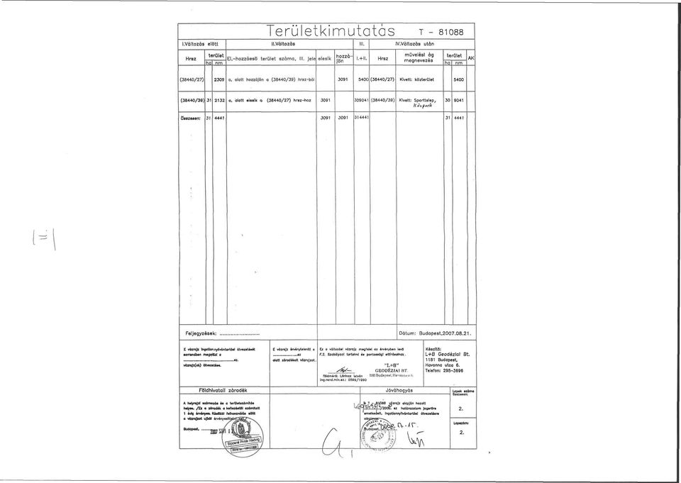 Sporttelep,, üsszeaen: H Feljegyzések: Dátum: Budapest,2007.08.21. E vázrajz Ingatlan nyilvántartat! atvazataaat omndban magolszl a vazrajz(ok) átvazatam.