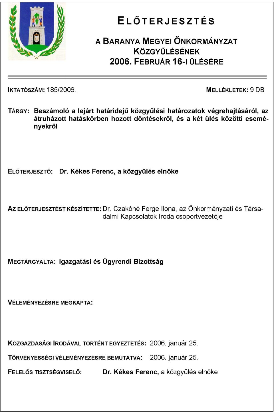 ELŐTERJESZTŐ: Dr. Kékes Ferenc, a közgyűlés elnöke AZ ELŐTERJESZTÉST KÉSZÍTETTE: Dr.