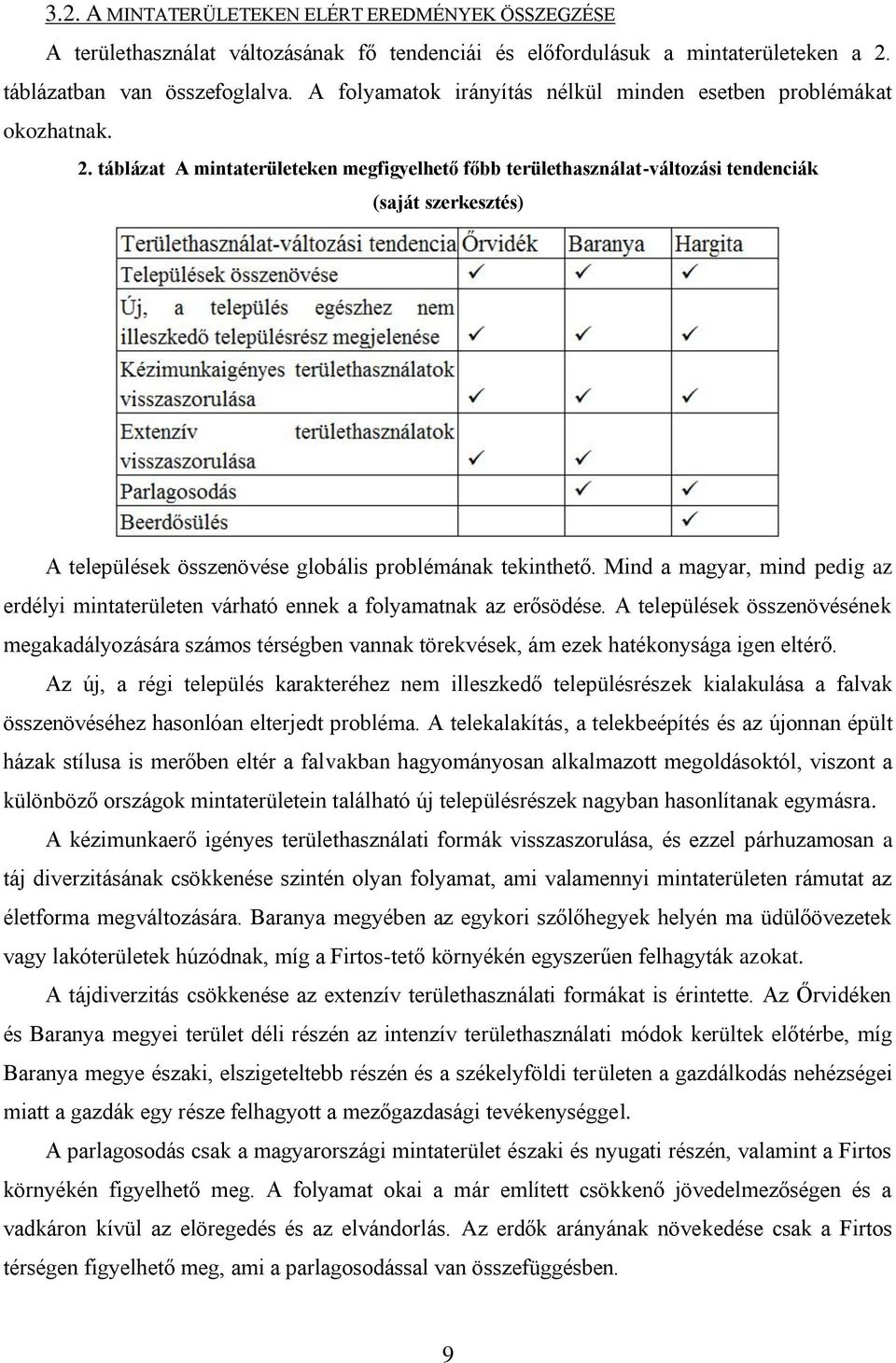 táblázat A mintaterületeken megfigyelhető főbb területhasználat-változási tendenciák (saját szerkesztés) A települések összenövése globális problémának tekinthető.