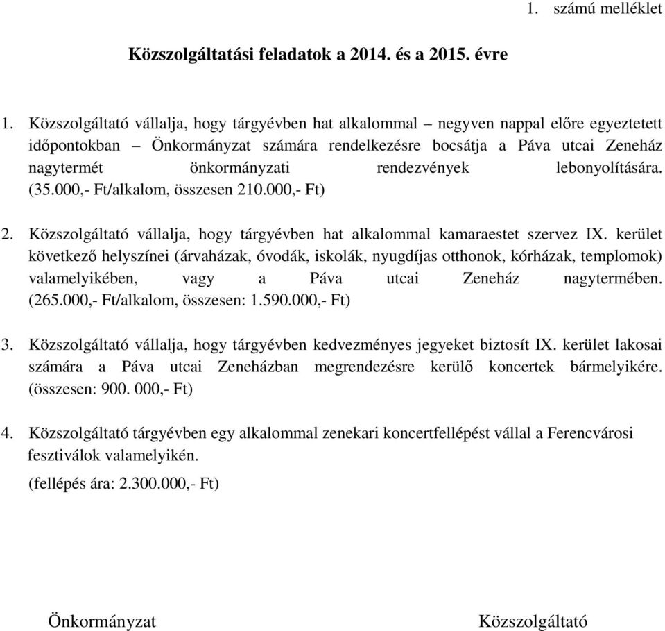 rendezvények lebonyolítására. (35.000,- Ft/alkalom, összesen 210.000,- Ft) 2. Közszolgáltató vállalja, hogy tárgyévben hat alkalommal kamaraestet szervez IX.