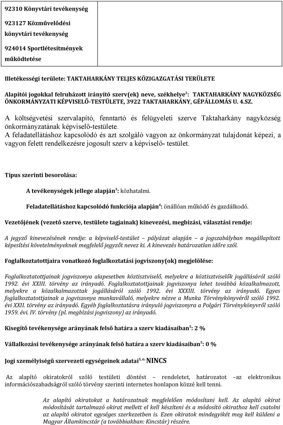 A költségvetési szervalapító, fenntartó és felügyeleti szerve Taktaharkány nagyközség önkormányzatának képviselő-testülete.