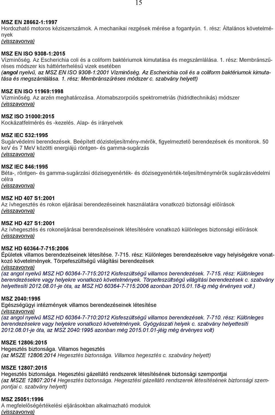 Az Escherichia coli és a coliform baktériumok kimutatása és megszámlálása. 1. rész: Membránszűréses módszer c. szabvány helyett) MSZ EN ISO 11969:1998 Vízminőség. Az arzén meghatározása.