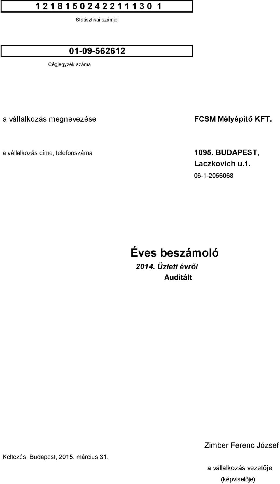 BUDAPEST, Laczkovich u.1. 6-1-25668 Éves beszámoló 214.