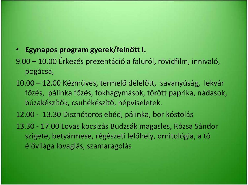 búzakészítők, csuhékészítő, népviseletek. 12.00-13.30 Disznótoros ebéd, pálinka, bor kóstolás 13.30-17.