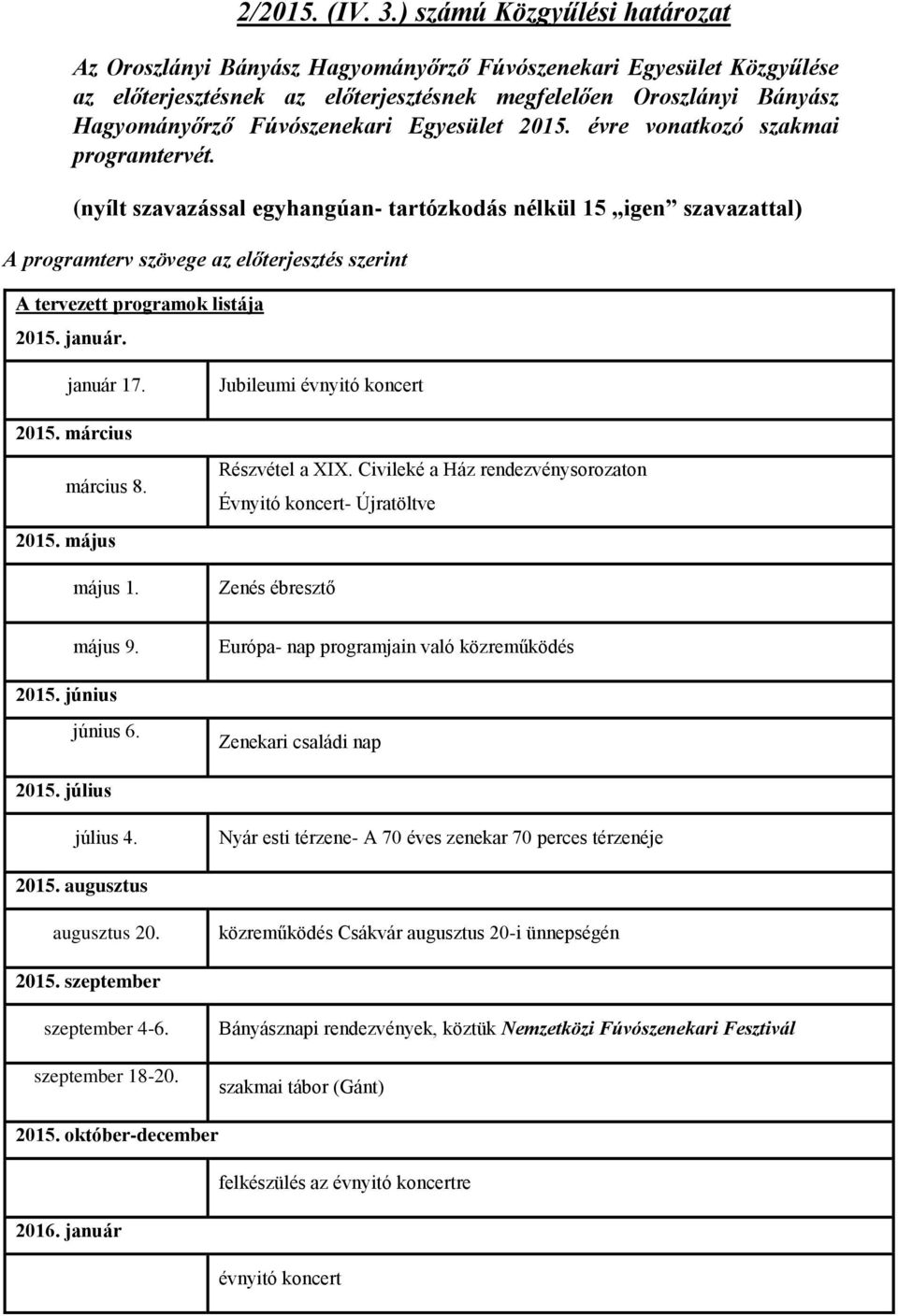 Civileké a Ház rendezvénysorozaton Évnyitó koncert- Újratöltve Zenés ébresztő május 9. Európa- nap programjain való közreműködés 2015. június június 6. Zenekari családi nap 2015. július július 4.