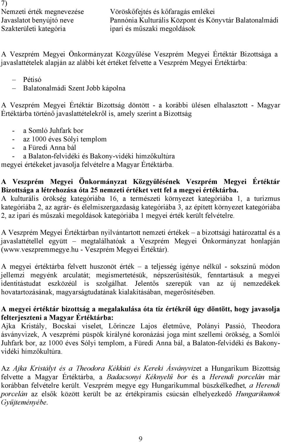 elhalasztott - Magyar Értéktárba történő javaslattételekről is, amely szerint a Bizottság - a Somló Juhfark bor - az 1000 éves Sólyi templom - a Füredi Anna bál - a Balaton-felvidéki és Bakony-vidéki