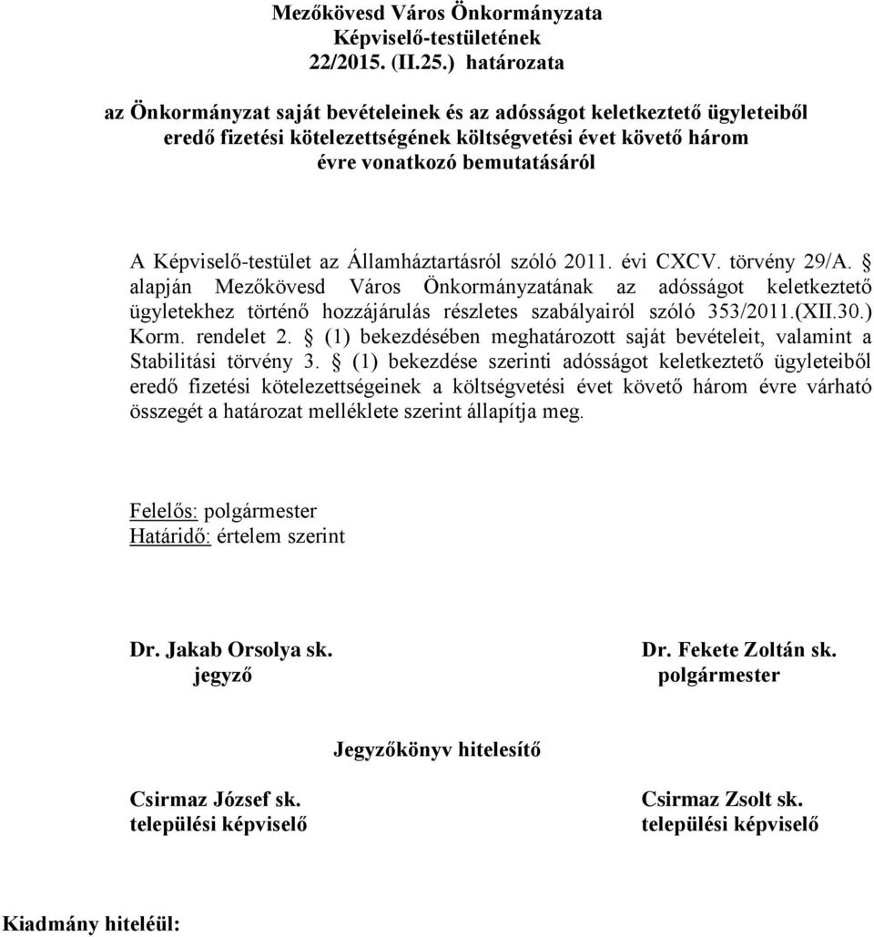 Képviselő-testület az Államháztartásról szóló 2011. évi CXCV. törvény 29/A.