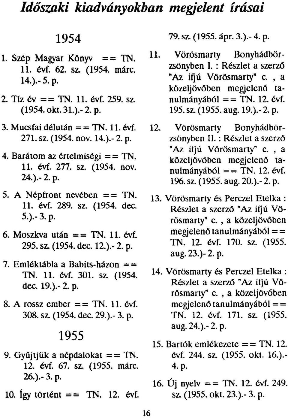 Moszkva után == TN. 11. évf. 295. sz. (1954. dec. 12.).- 2. p. 7. Emléktábla a Babits-házon = = TN. 11. évf. 301. sz. (1954. dec. 19.).- 2. p. 8. A rossz ember == TN. 11. évf. 308. sz. (1954. dec. 29.).- 3.