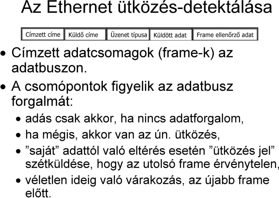 A csomópontok figyelik az adatbusz forgalmát: adás csak akkor, ha nincs adatforgalom, ha mégis, akkor