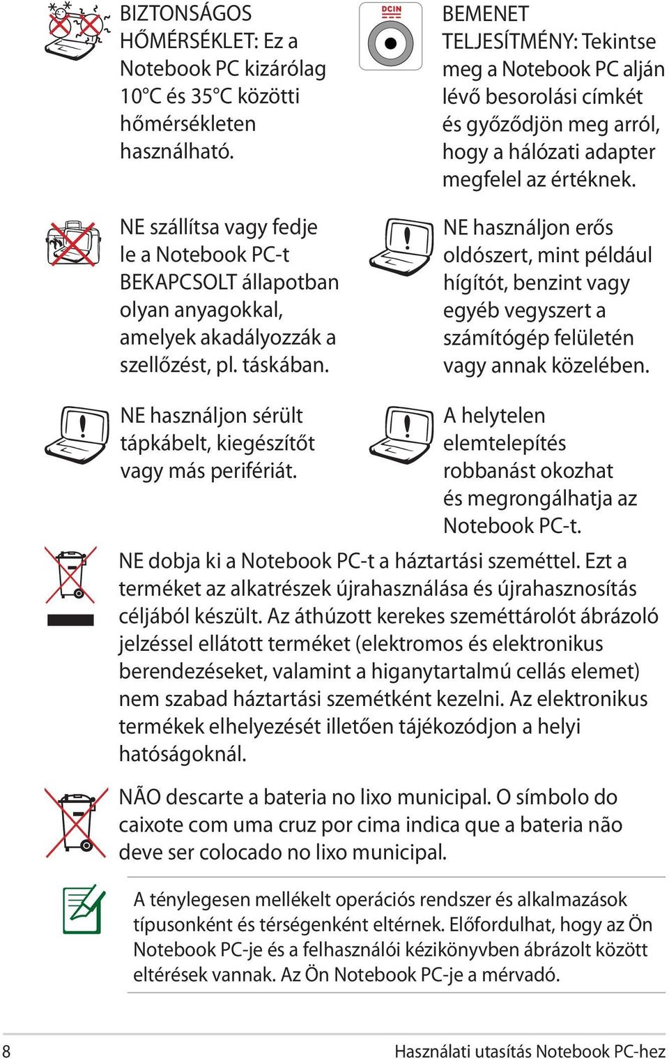 BEMENET TELJESÍTMÉNY: Tekintse meg a Notebook PC alján lévő besorolási címkét és győződjön meg arról, hogy a hálózati adapter megfelel az értéknek.