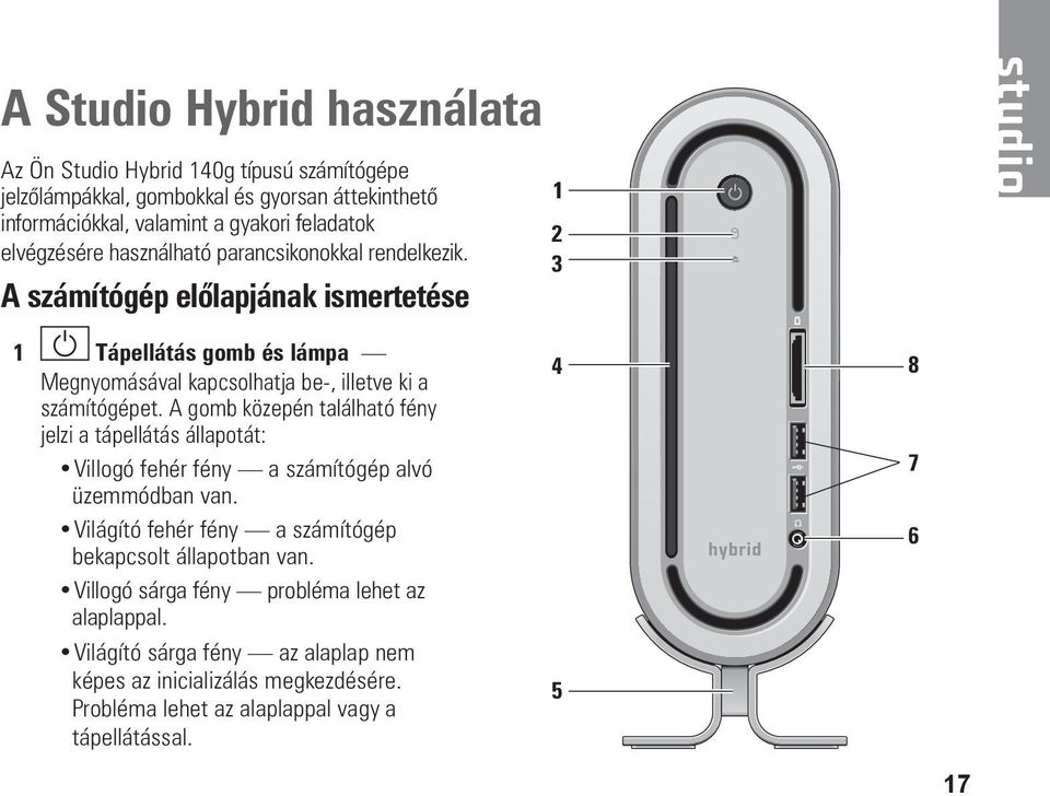 A gomb közepén található fény jelzi a tápellátás állapotát: Villogó fehér fény a számítógép alvó üzemmódban van. Világító fehér fény a számítógép bekapcsolt állapotban van.
