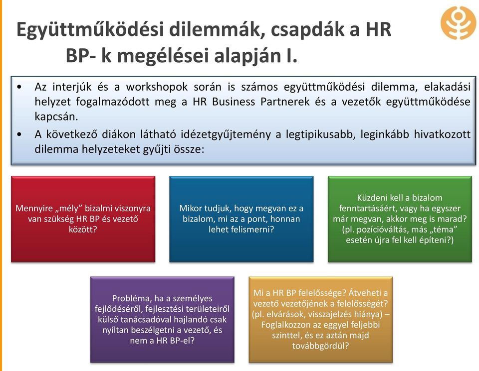 A következő diákon látható idézetgyűjtemény a legtipikusabb, leginkább hivatkozott dilemma helyzeteket gyűjti össze: Mennyire mély bizalmi viszonyra van szükség HR BP és vezető között?